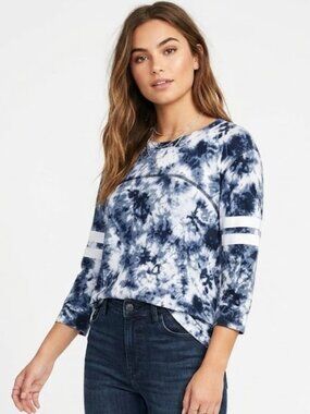 Almost Famous Women’s Tie Dye Top 3/4 Sleeve White Stripe Detail Blue Size M